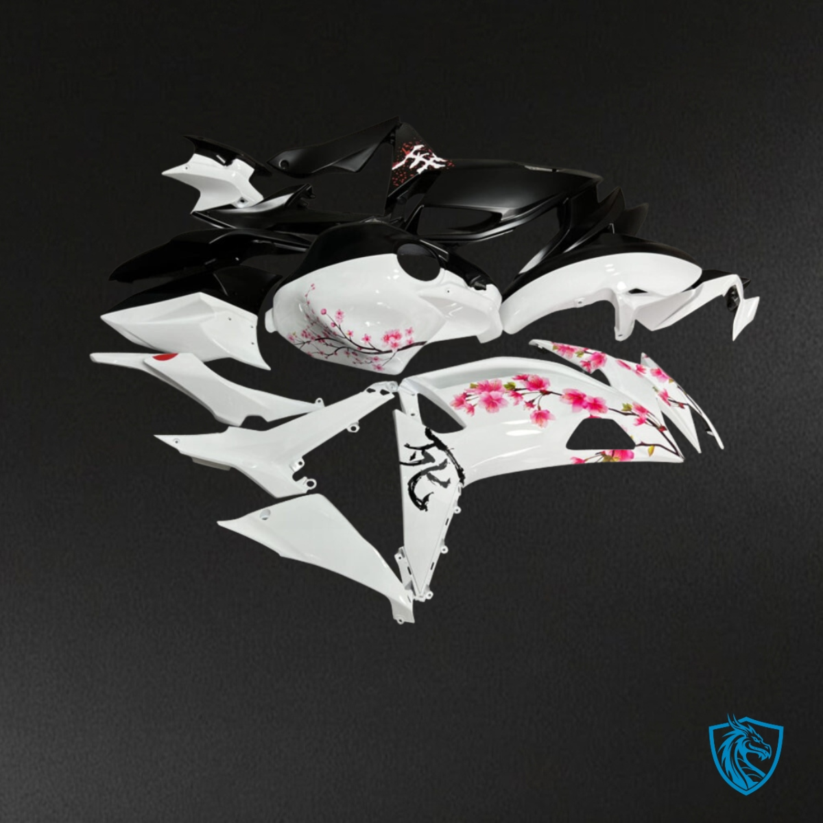Kawasaki Ninja 650R (2020-2026) Matte Black & White Cherry Blossom Split - Custom ABS Fairing Kit