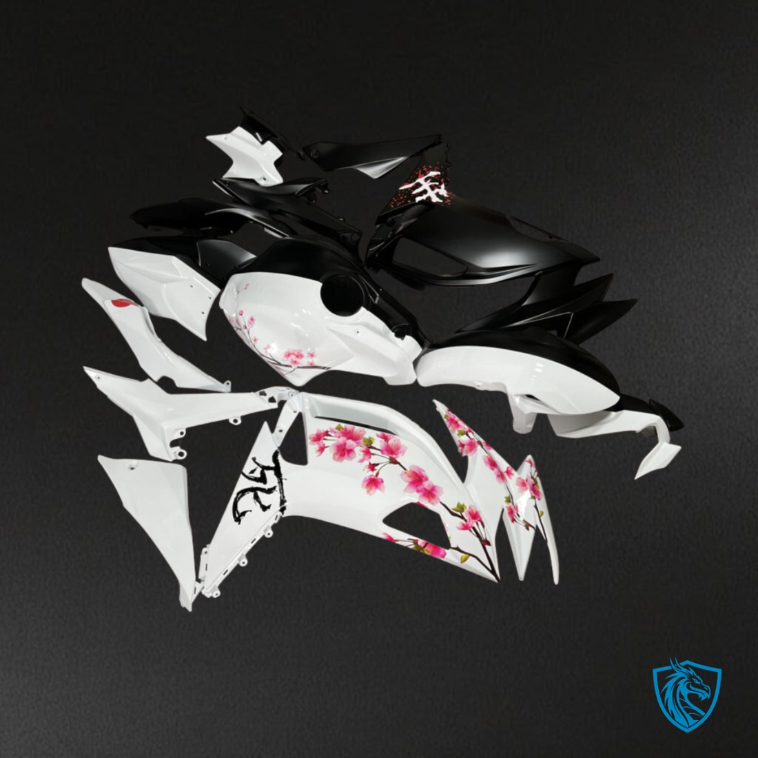 Kawasaki Ninja 650R (2020-2026) Matte Black & White Cherry Blossom Split - Custom ABS Fairing Kit
