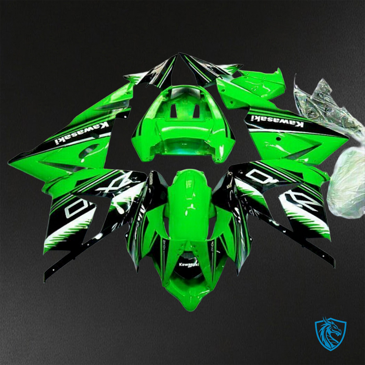 Kawasaki Ninja ZX-10R (2004-2005) Green, Black & White Logo - Custom ABS Fairing Kit