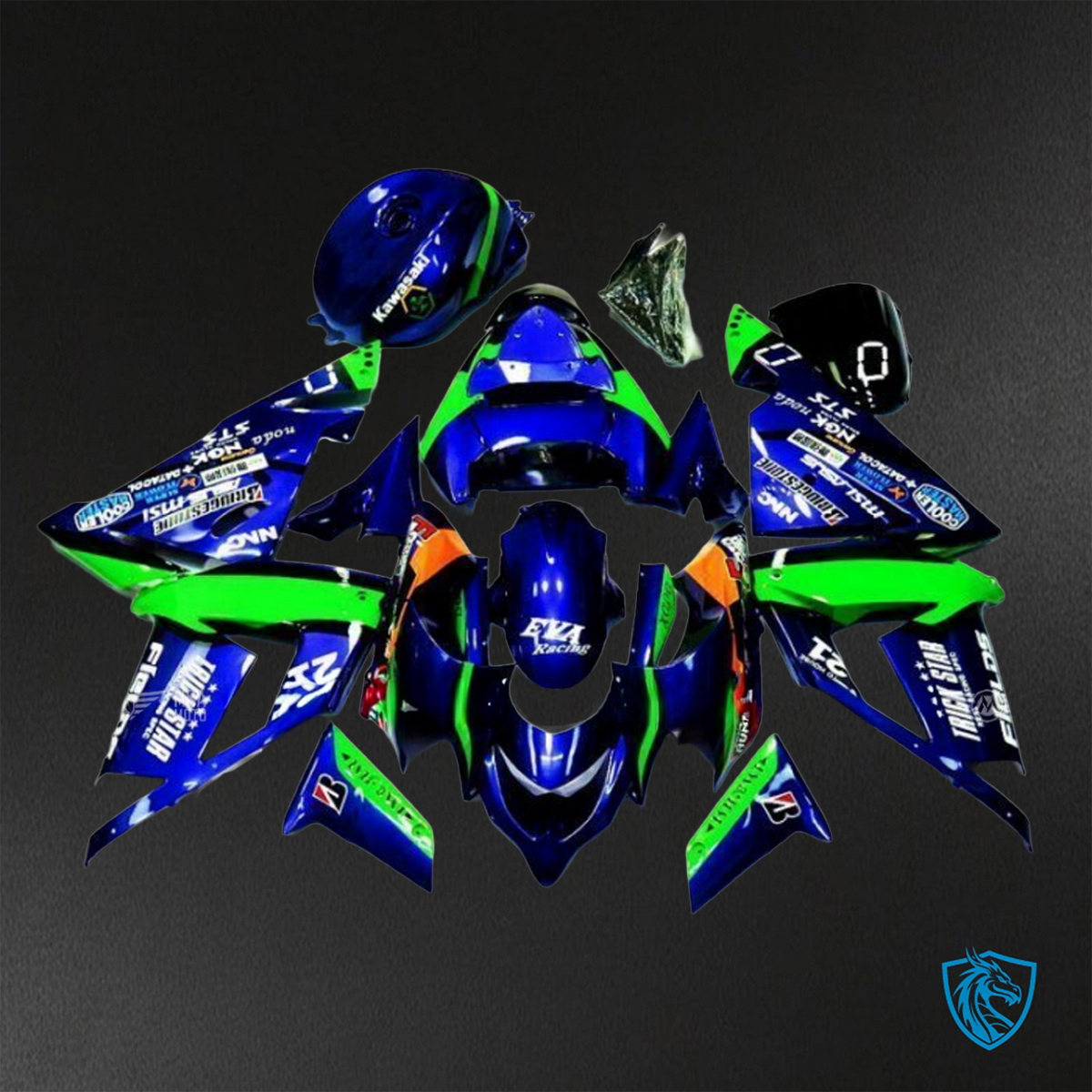 Kawasaki Ninja ZX-10R (2004-2005) Blue, Green & Black Logos - Custom ABS Fairing Kit