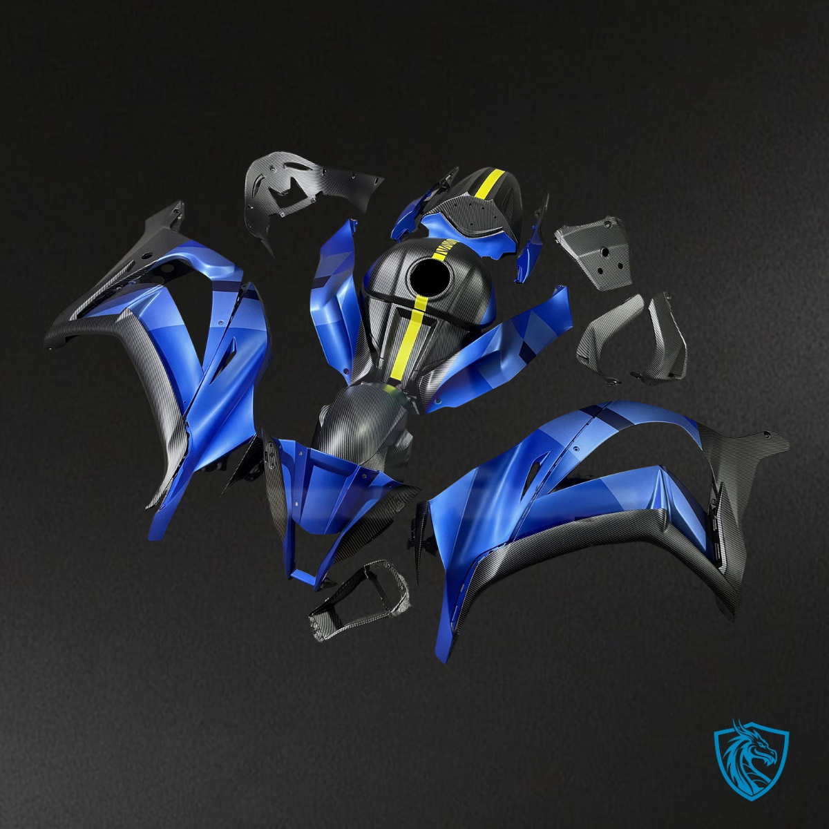 Kawasaki ZX-10R (2011-2015) Matte Blue, Black & Yellow Carbon Fiber - Custom ABS Fairing Kit