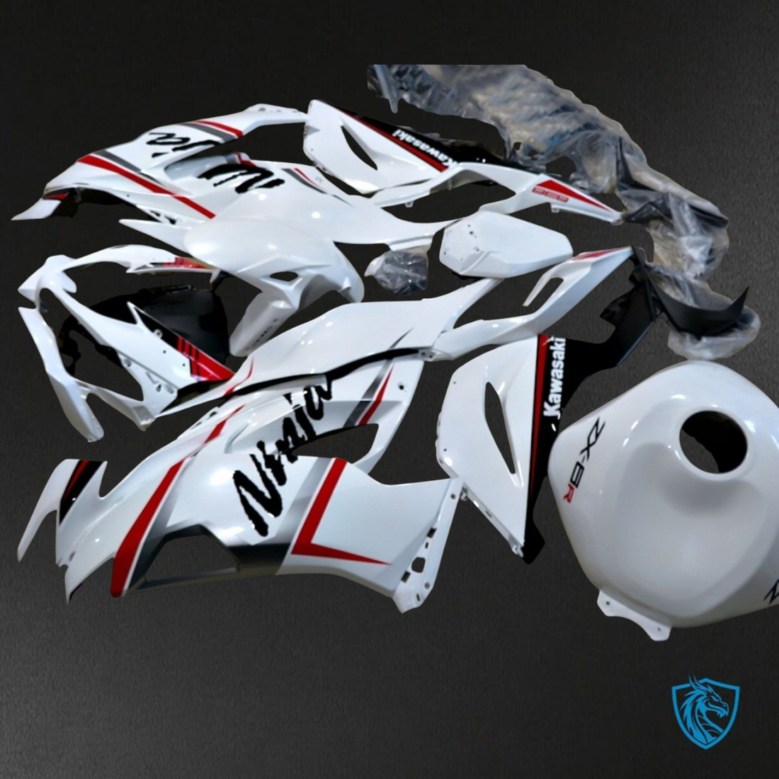 Kawasaki ZX-6R ZX636 (2019-2020) White & Red Stripes  Fairings Kit - Aftermarket ABS Bodywork