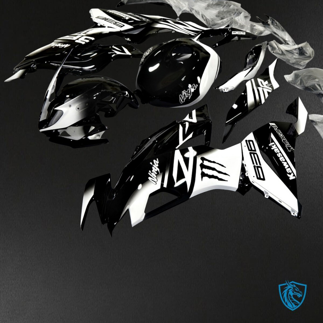 Kawasaki ZX-6R ZX636 (2019–2020) Glossy Black & White Fairings Kit - Aftermarket ABS Bodywork