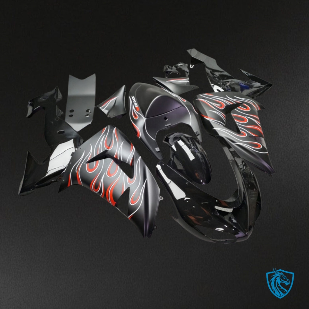 Kawasaki ZX10R (2006-2007) Gloss Black & Red Flames - Custom ABS Fairing Kit