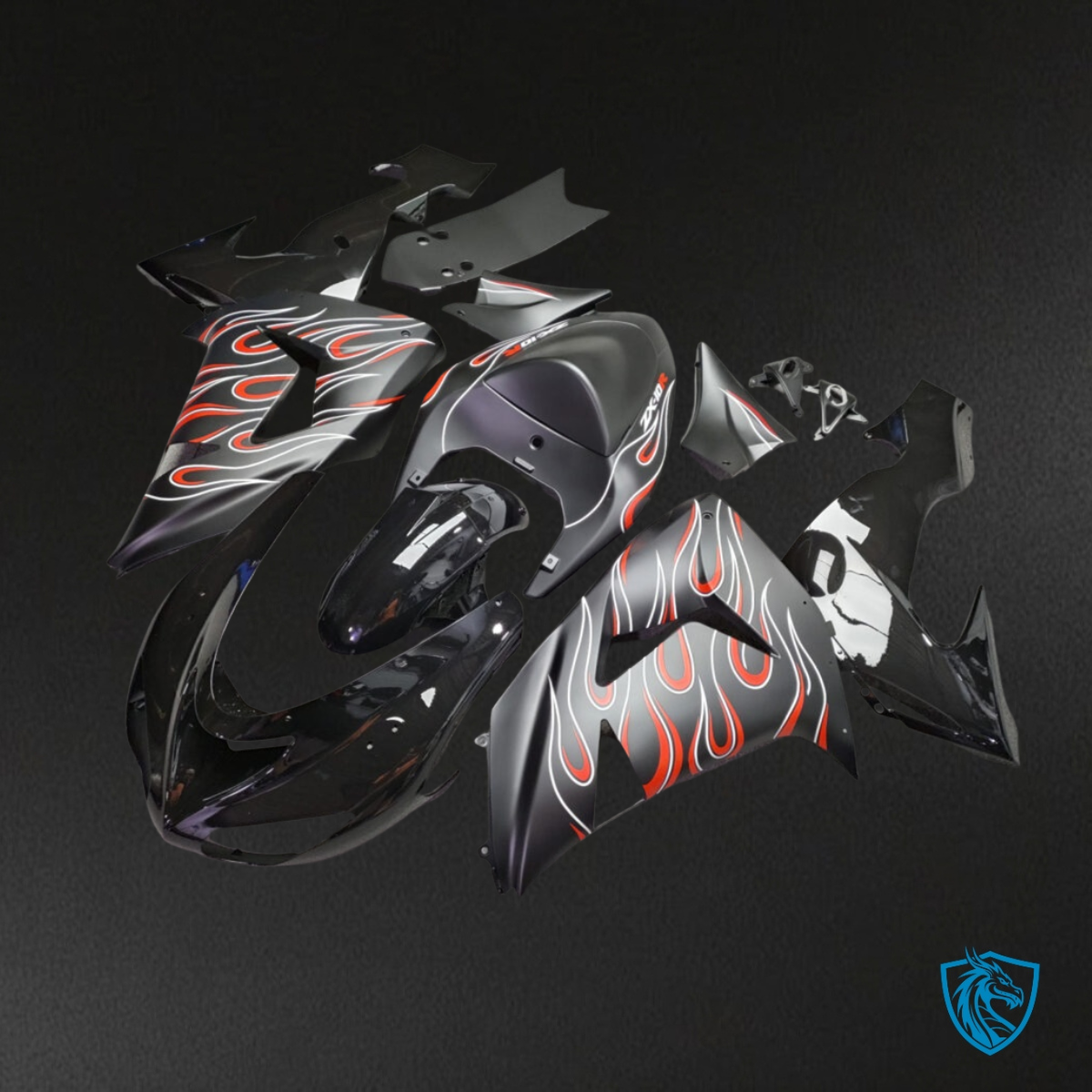 Kawasaki ZX10R (2006-2007) Gloss Black & Red Flames - Custom ABS Fairing Kit