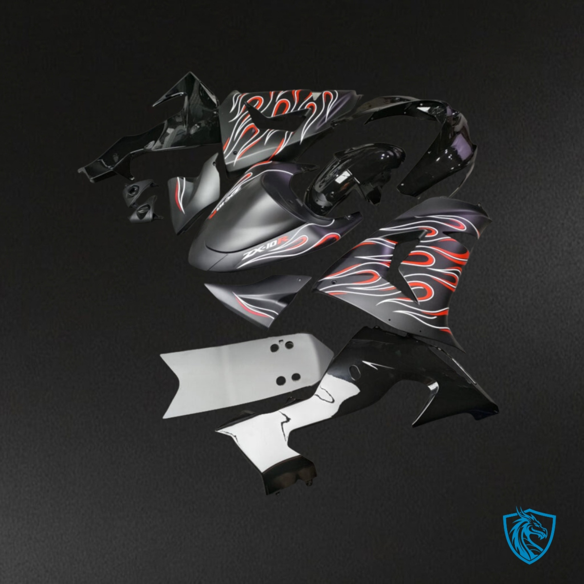 Kawasaki ZX10R (2006-2007) Gloss Black & Red Flames - Custom ABS Fairing Kit