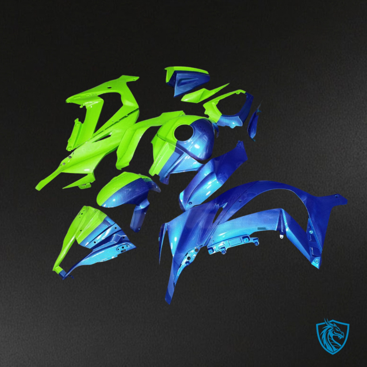 Kawasaki ZX10R (2011-2015) Gloss Green & Blue Carbon Fiber Style - Custom ABS Fairing Kit