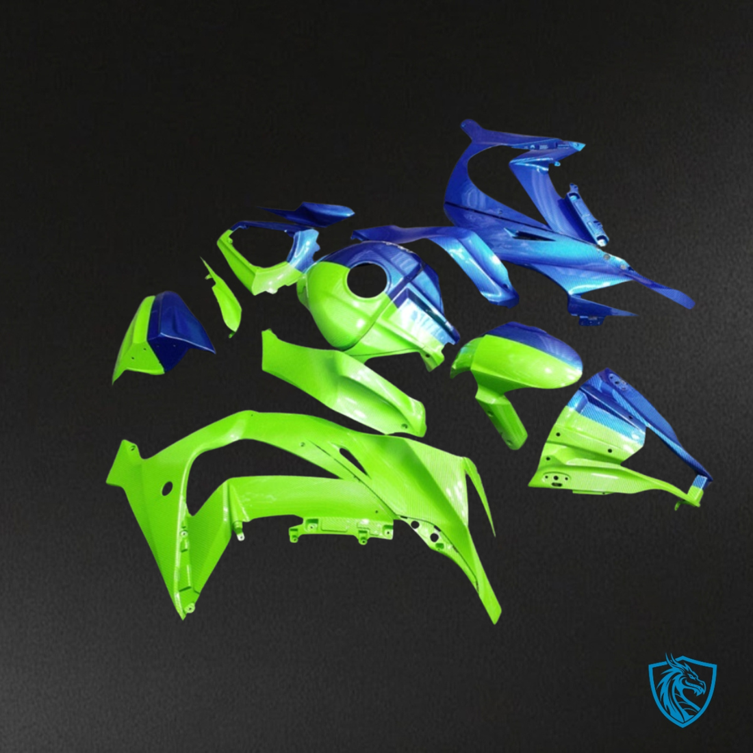 Kawasaki ZX10R (2011-2015) Gloss Green & Blue Carbon Fiber Style - Custom ABS Fairing Kit