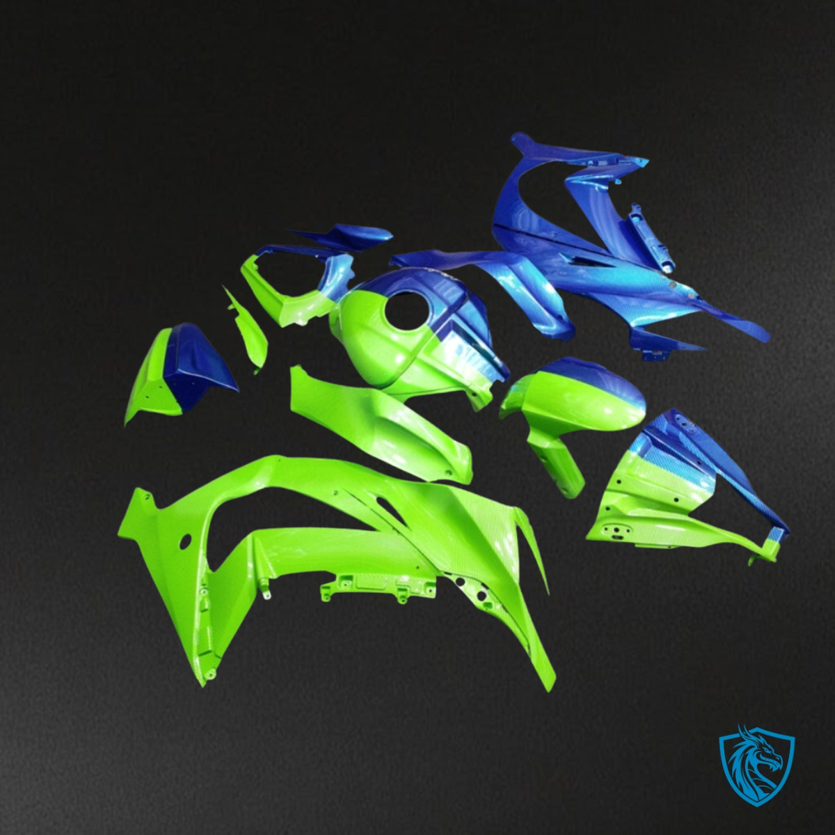 Kawasaki ZX10R (2011-2015) Gloss Green & Blue Carbon Fiber Style - Custom ABS Fairing Kit