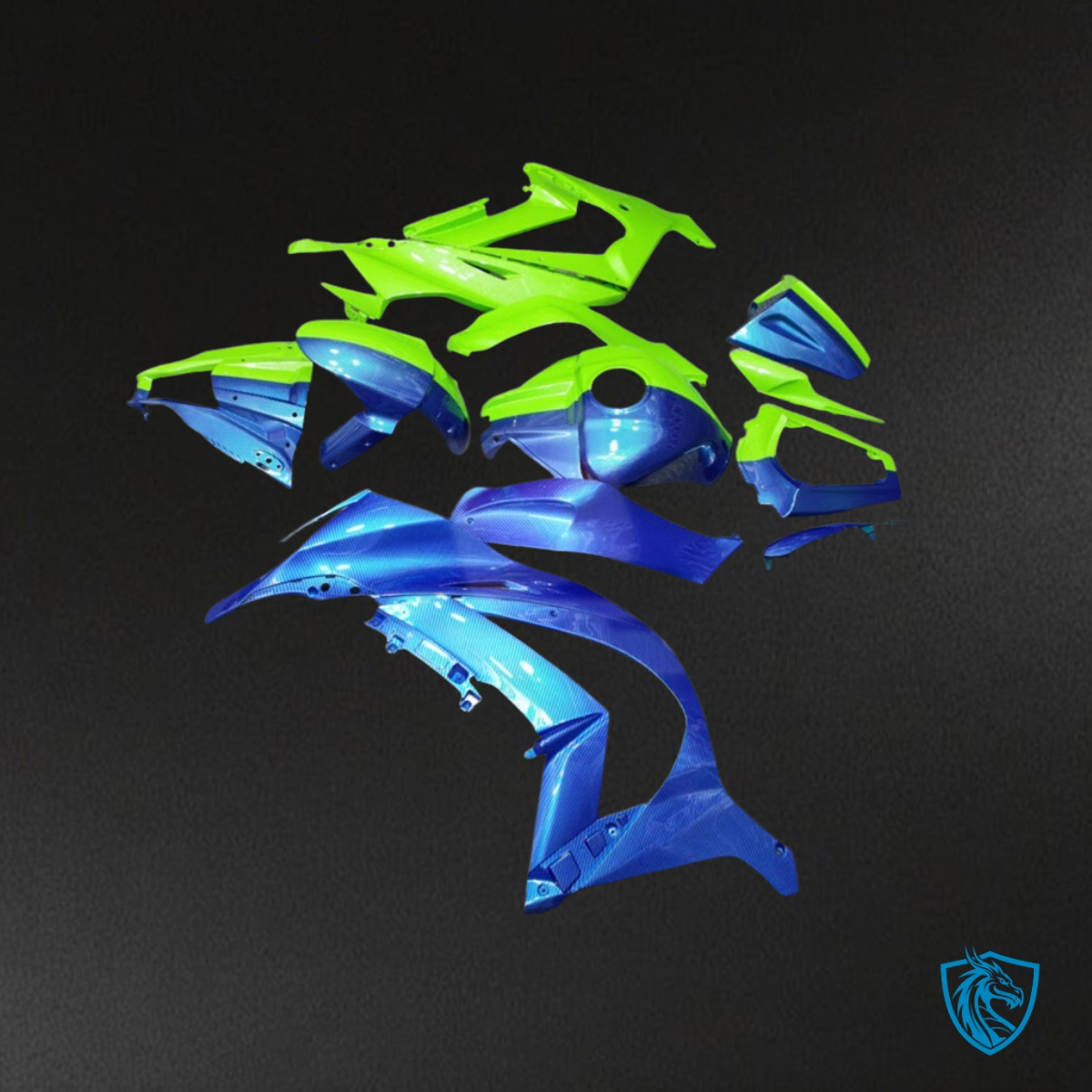 Kawasaki ZX10R (2011-2015) Gloss Green & Blue Carbon Fiber Style - Custom ABS Fairing Kit