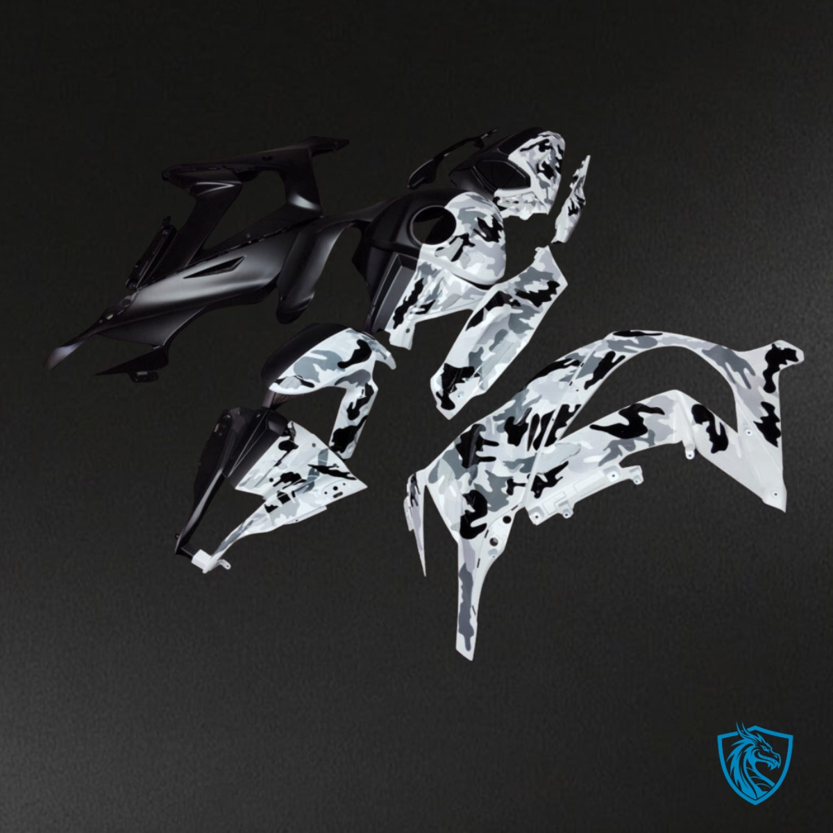 Kawasaki ZX10R (2011-2015) Gloss Black & White Camo Split Fairing Kit | ABS Bodywork