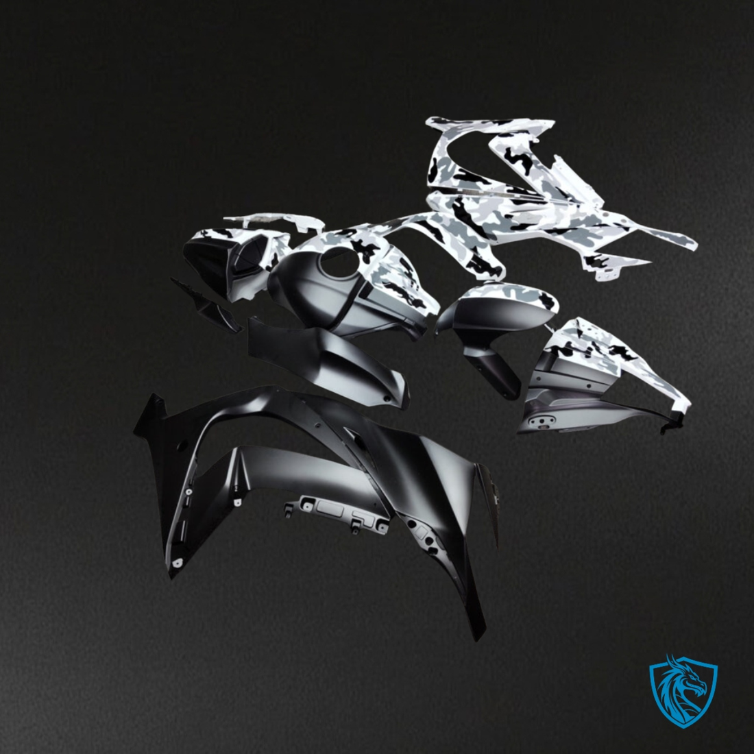 Kawasaki ZX10R (2011-2015) Gloss Black & White Camo Split Fairing Kit | ABS Bodywork
