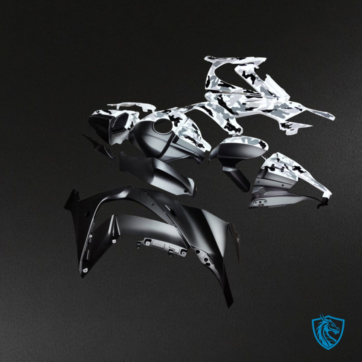 Kawasaki ZX10R (2011-2015) Gloss Black & White Camo Split Fairing Kit | ABS Bodywork