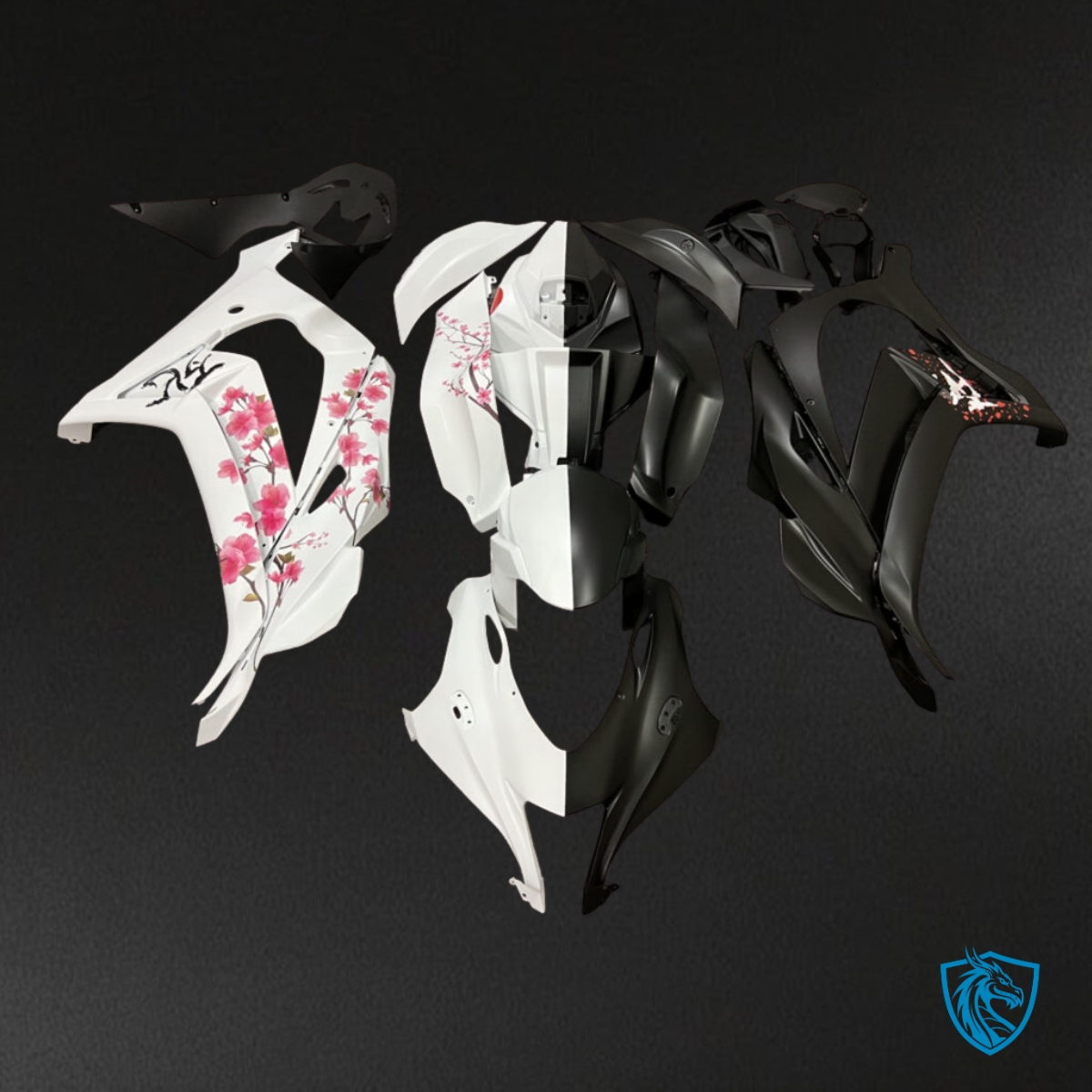 Kawasaki ZX10R (2016-2020) Matte Black & White Cherry Blossom Split - Custom ABS Fairing Kit