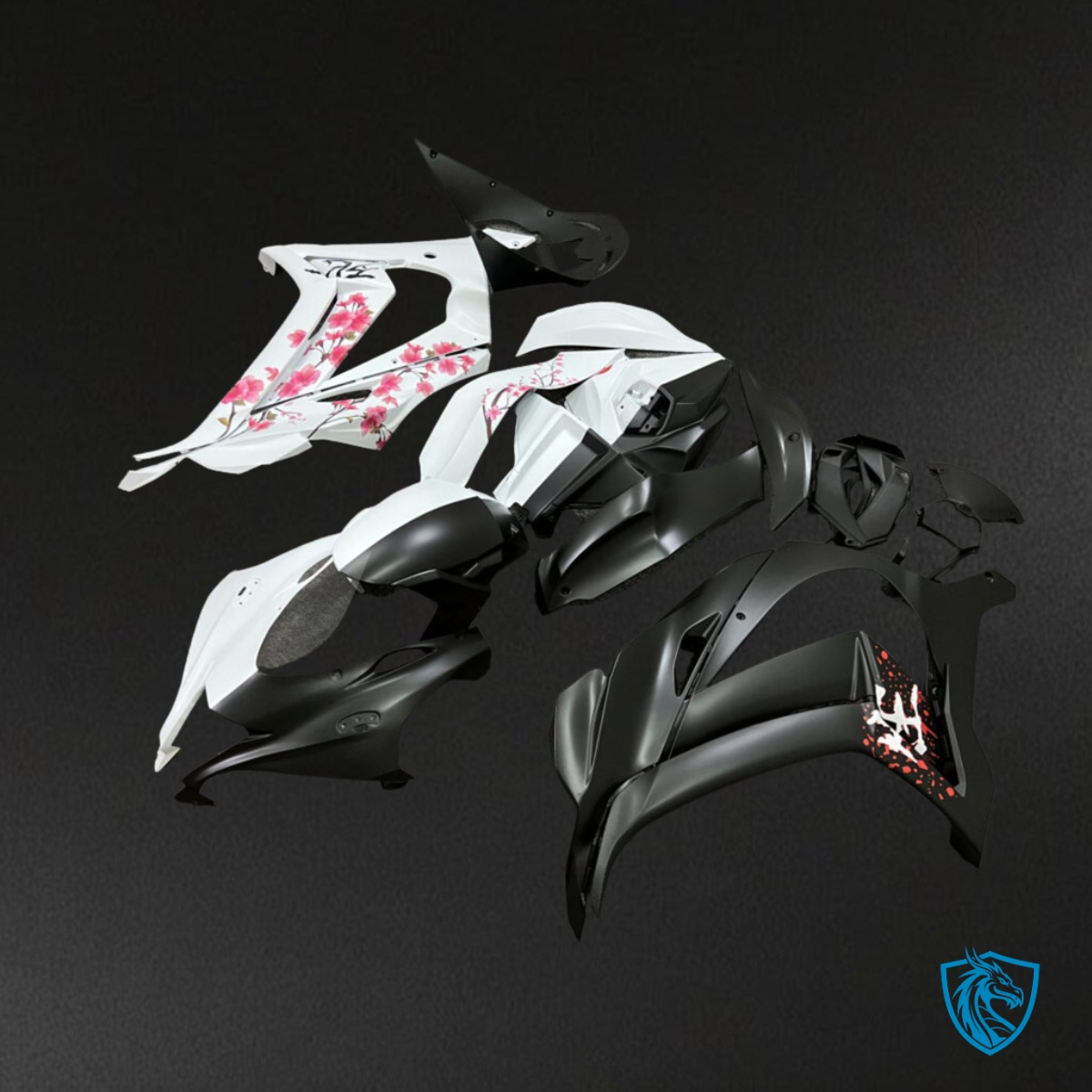 Kawasaki ZX10R (2016-2020) Matte Black & White Cherry Blossom Split - Custom ABS Fairing Kit
