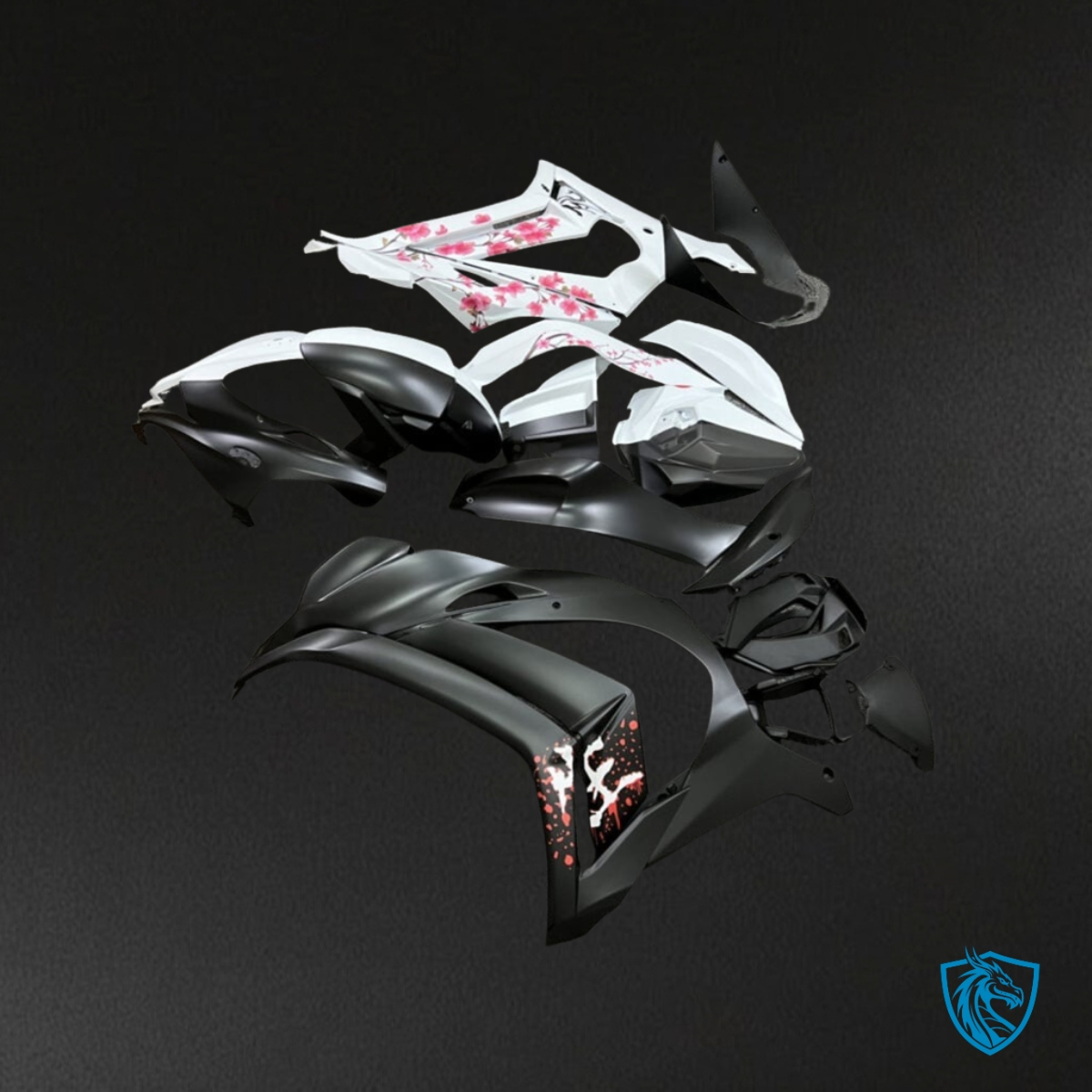 Kawasaki ZX10R (2016-2020) Matte Black & White Cherry Blossom Split - Custom ABS Fairing Kit