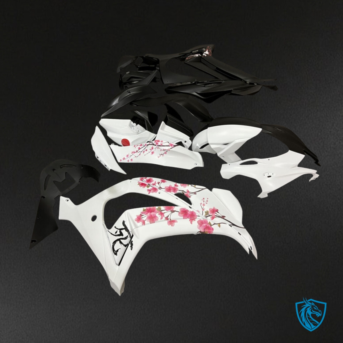 Kawasaki ZX10R (2016-2020) Matte Black & White Cherry Blossom Split - Custom ABS Fairing Kit