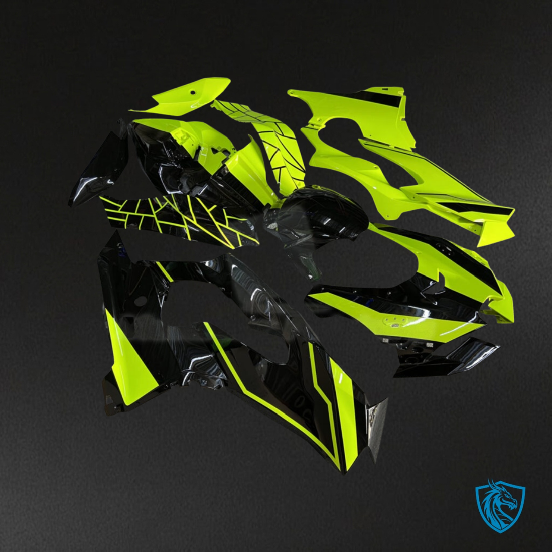 Kawasaki ZX10R (2021-2025) Gloss Black & Green Split Design Fairing Kit - Aftermarket Bodywork