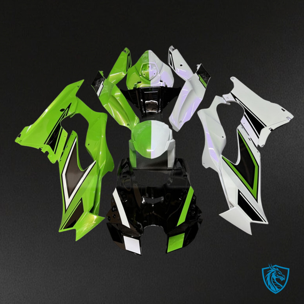 Kawasaki ZX10R (2021-2025) Gloss Pearl Green, Black & White Split Fairing Kit | ABS Bodywork
