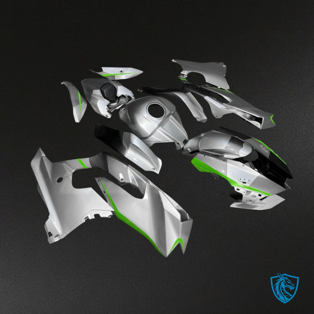 Kawasaki ZX10R (2021-2025) Gloss Silver & Green Accents - MERGEment Motorcycle Fairings Kit