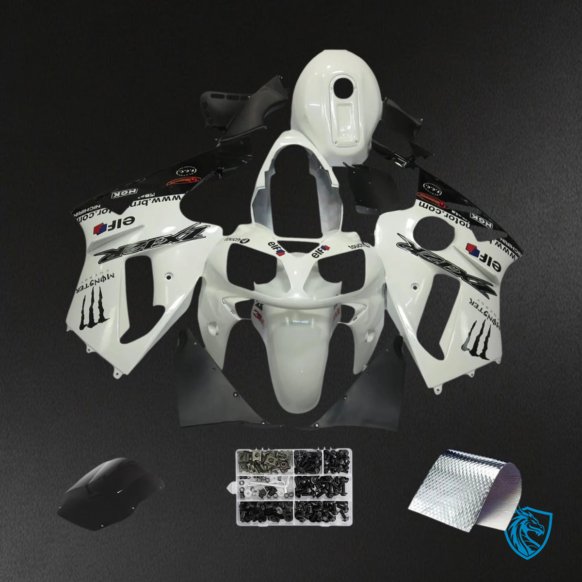 Kawasaki ZX12R (2000-2001) Glossy Black & White - Fairing Kit
