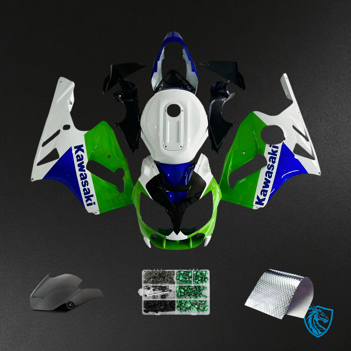 Kawasaki ZX12R (2002-2005) White, Blue & Green - Fairing Kit