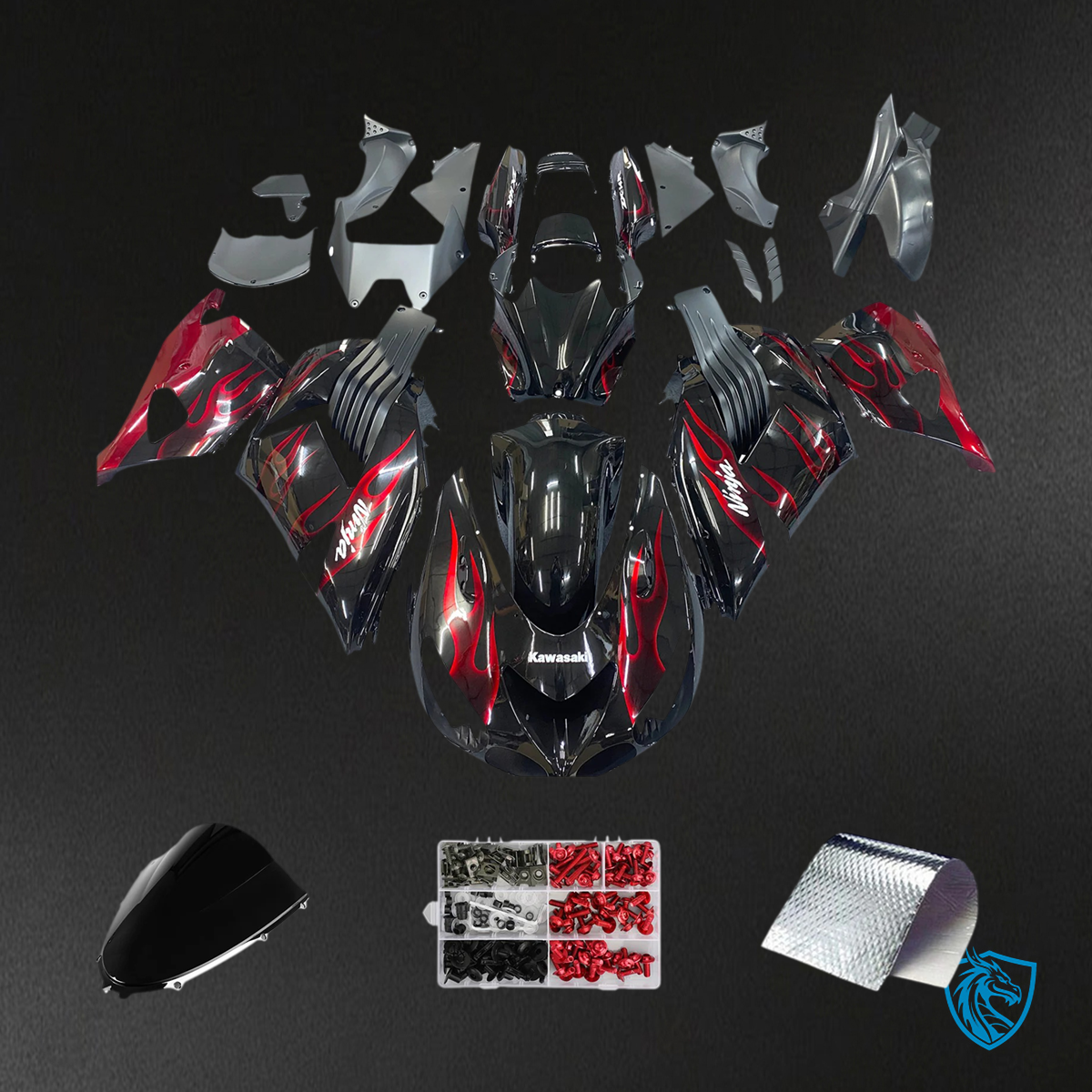 Kawasaki ZX14R (2006-2011) Black & Red Flame - Fairing Kit