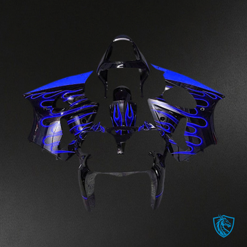 Kawasaki ZX6R (2000-2002) Black & Blue Flame Fairing Kit - Aftermarket ABS Bodywork