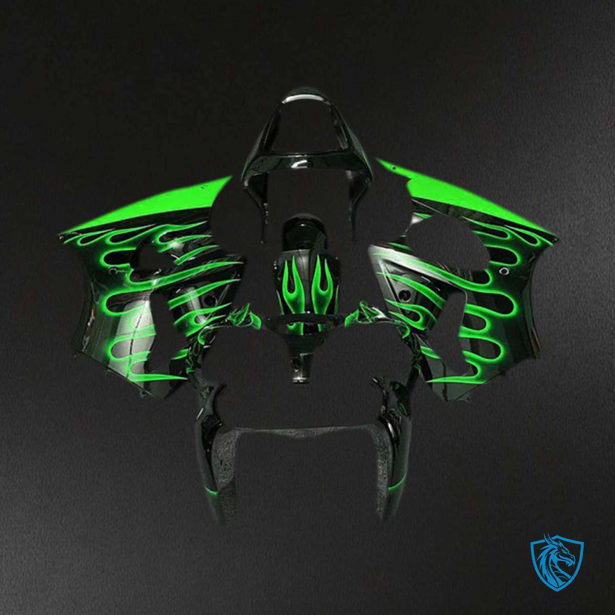 Kawasaki ZX6R (2000-2002) Gloss Black & Green Flame - Fairing Kit | ABS Bodywork