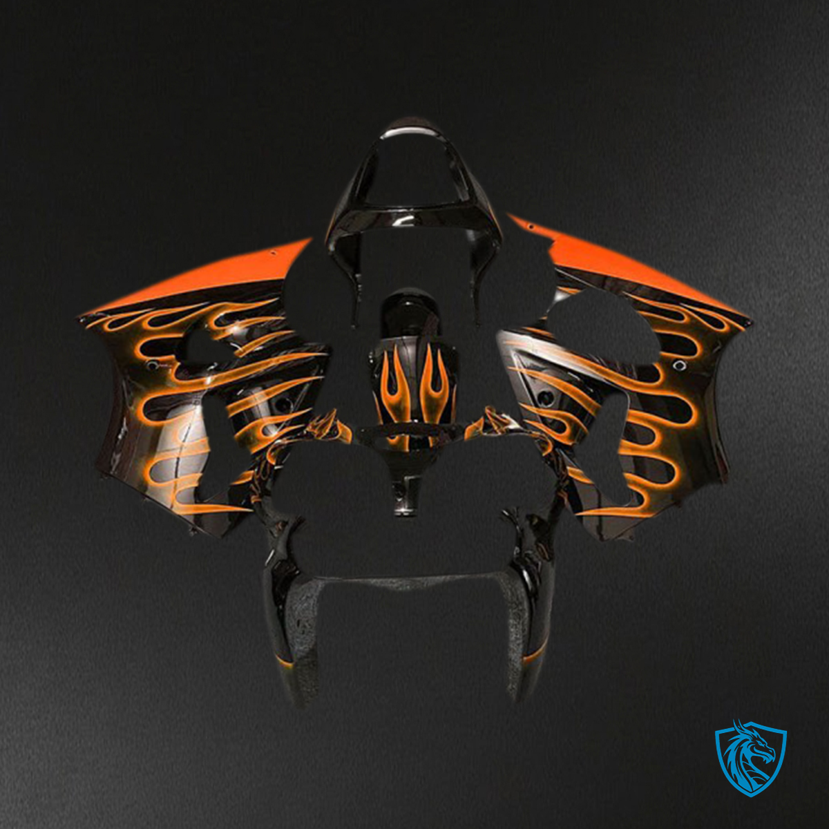 Kawasaki ZX6R (2000-2002) Gloss Black & Orange Flame - Custom ABS Fairing Kit