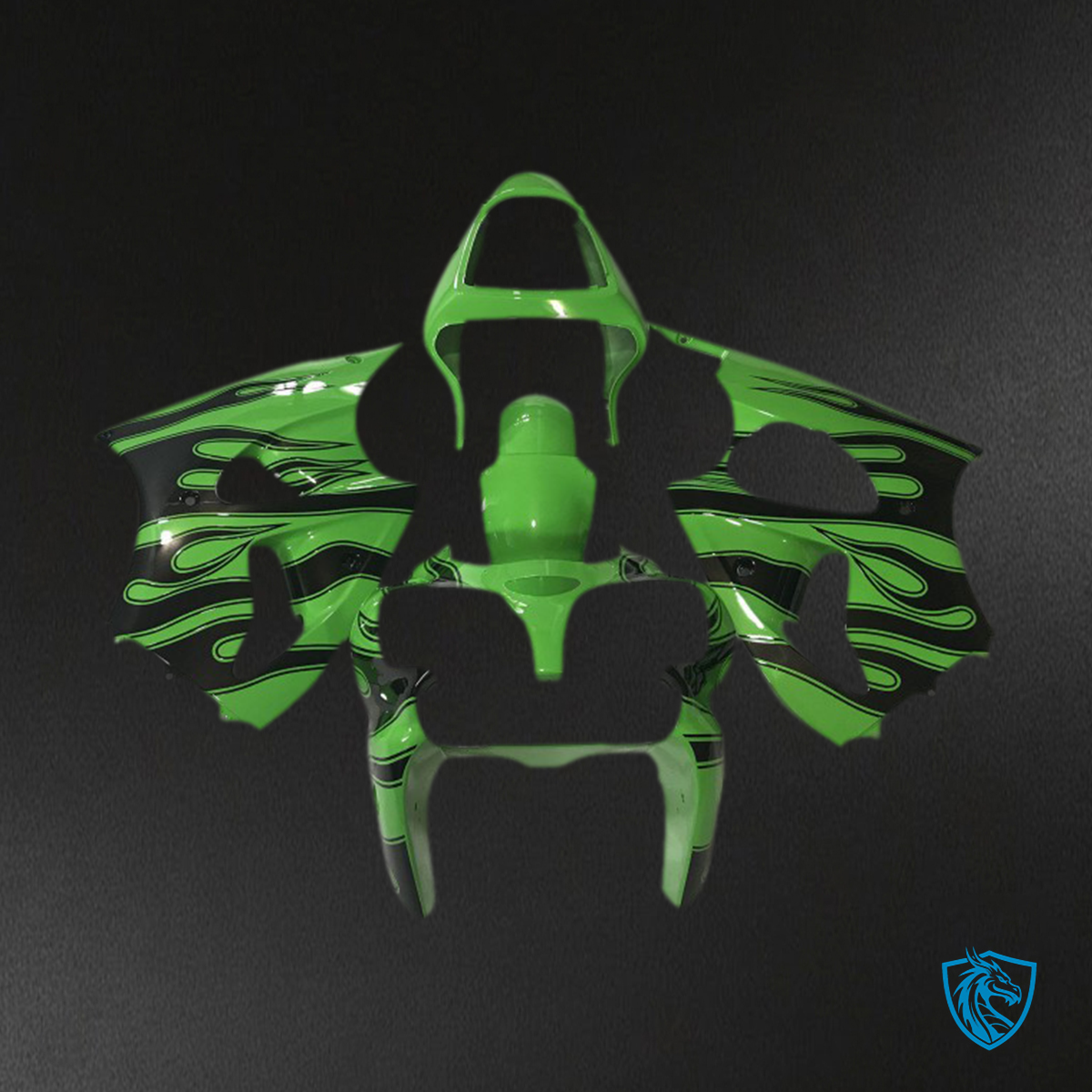 Kawasaki ZX6R (2000-2002) Green & Black Flame Fairing Kit - Aftermarket ABS Bodywork