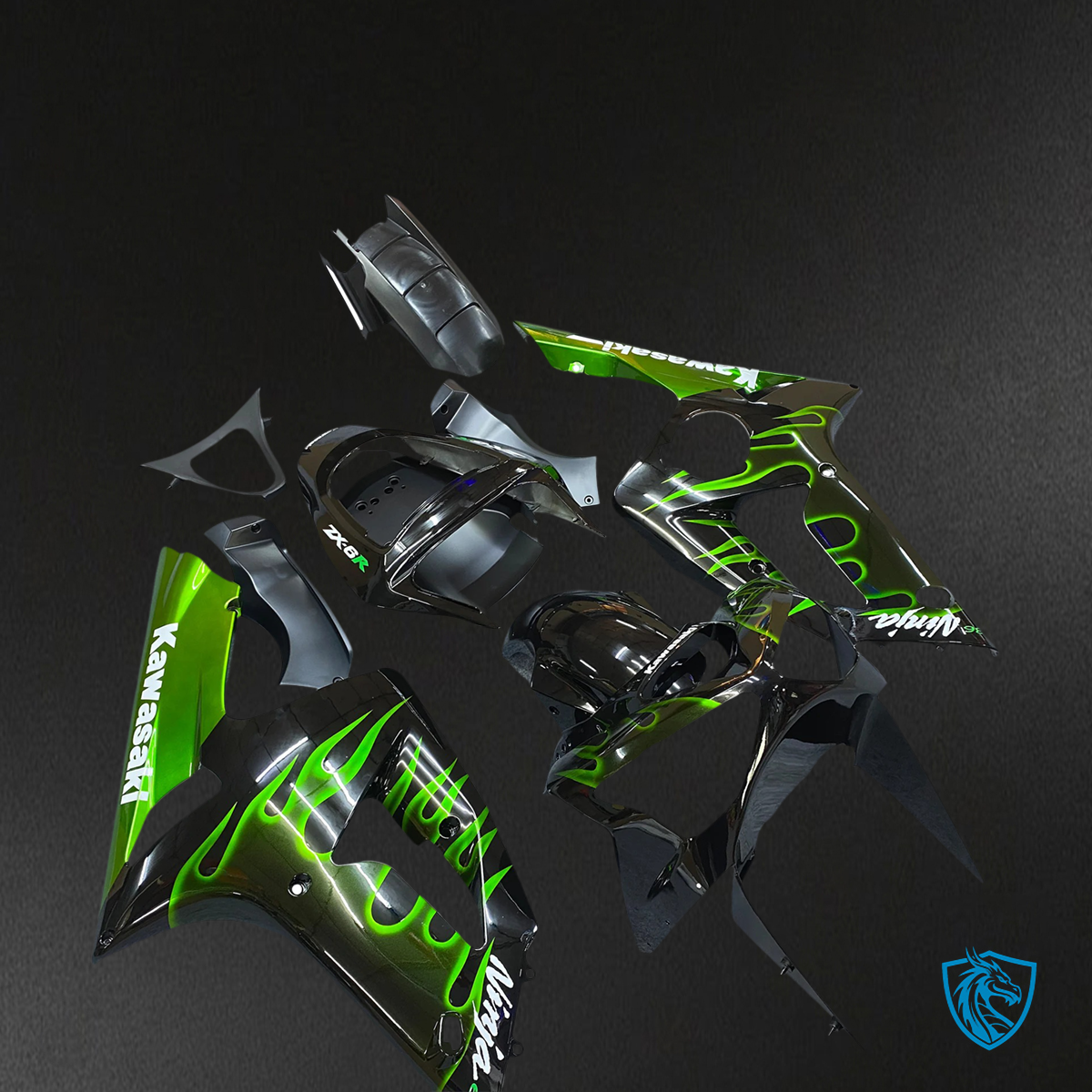 Kawasaki ZX6R (2003-2004) Black & Green  Fairing - Kit