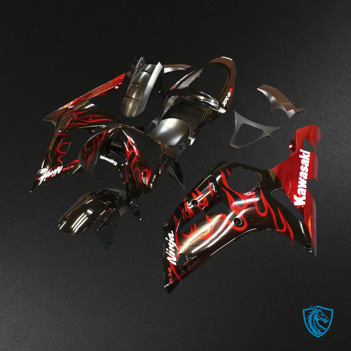 Kawasaki ZX6R (2003-2004) Black & Red Fairing - Kit