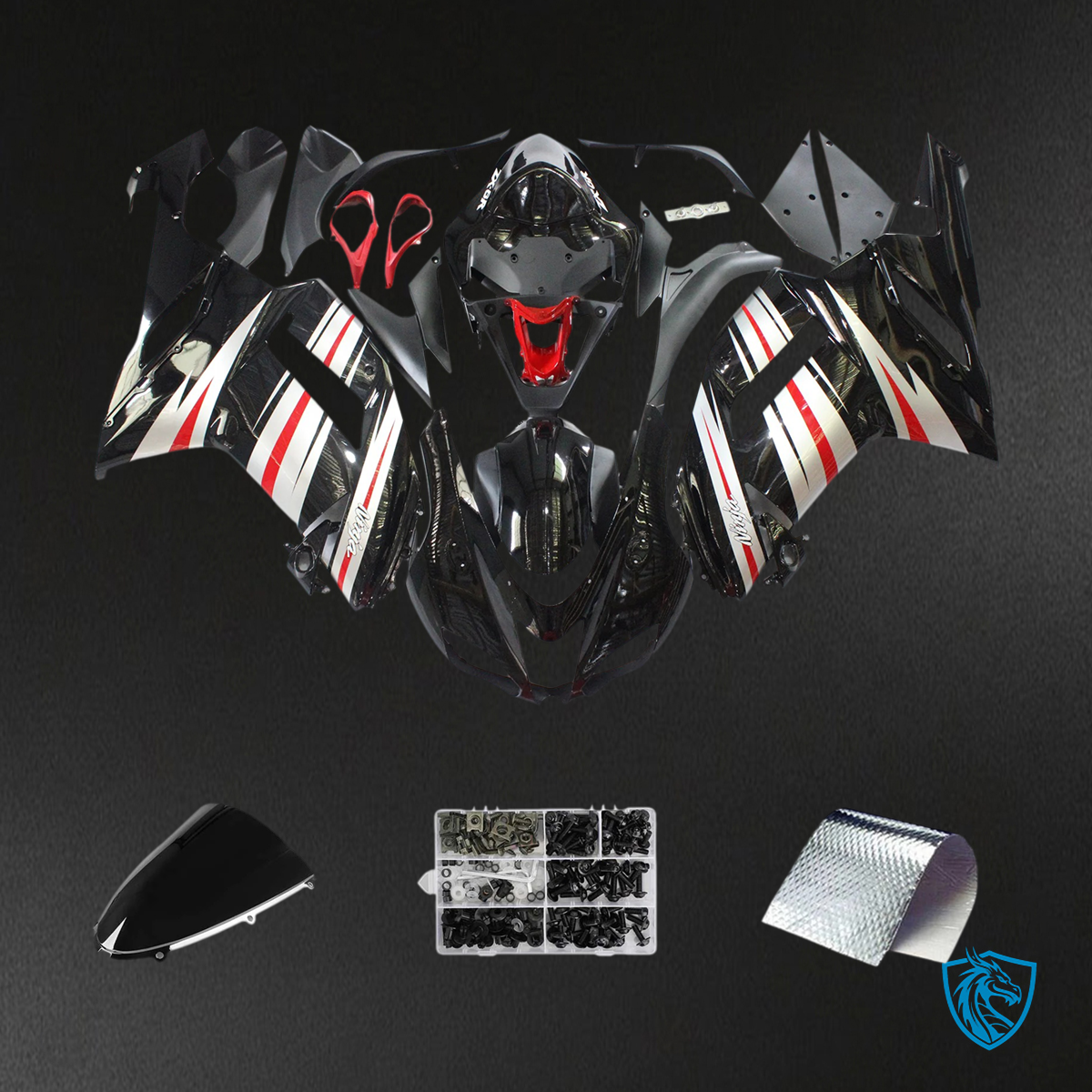 Kawasaki ZX6R (2007-2008) Black, Sliver & Red - Fairing Kit