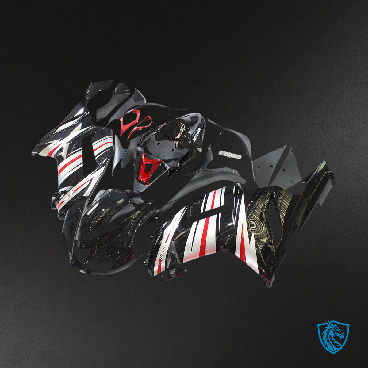 Kawasaki ZX6R (2007-2008) Black, Sliver & Red - Fairing Kit