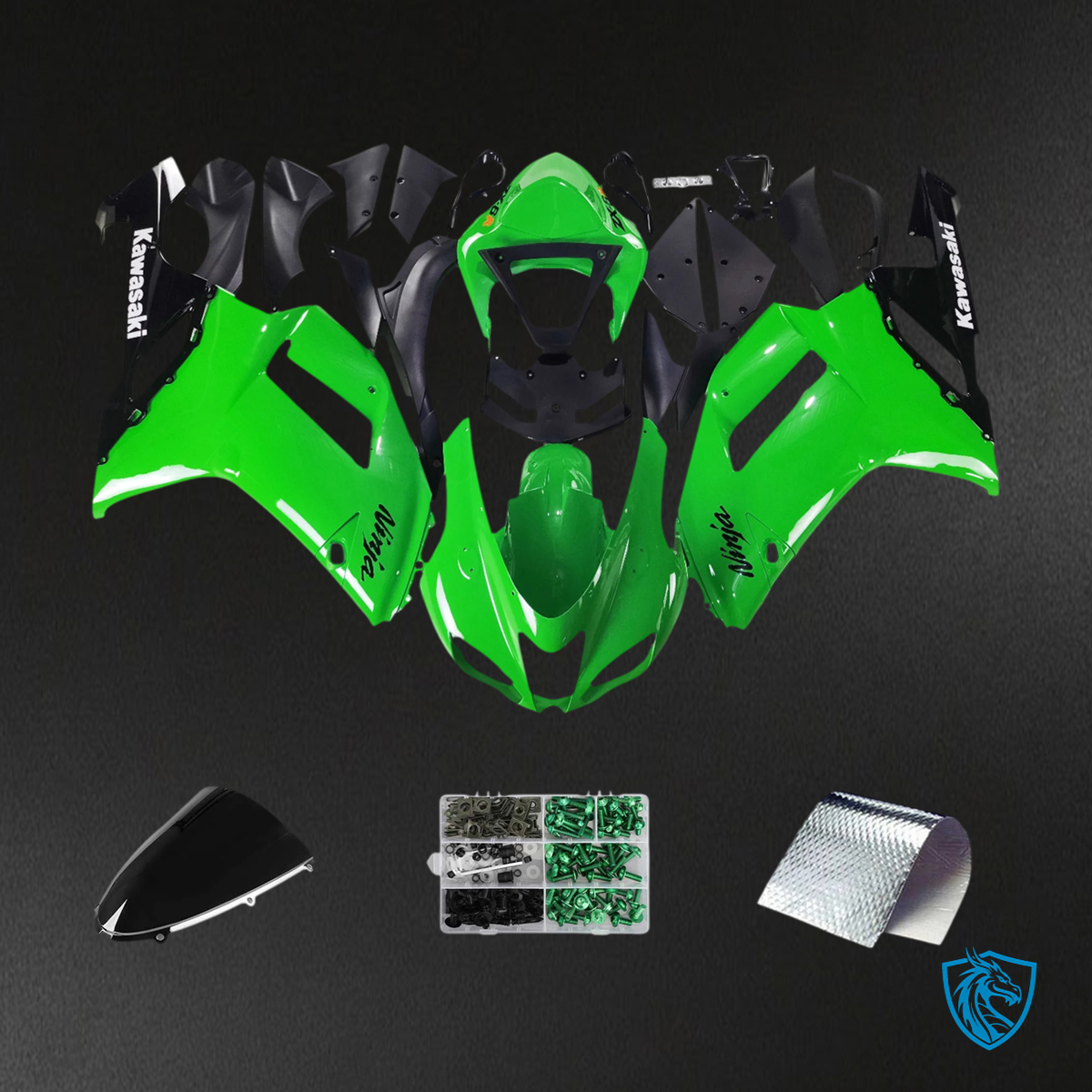 Kawasaki ZX6R (2007-2008) Green & Black - Fairing Kit