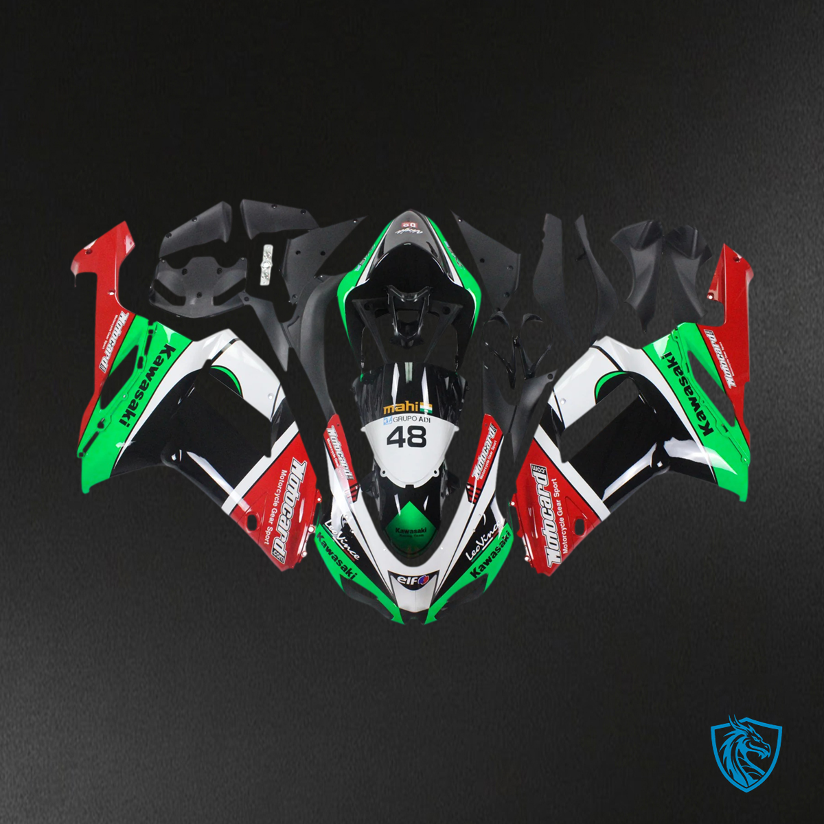 Kawasaki ZX6R (2007-2008) Green, Red & White - Fairing Kit