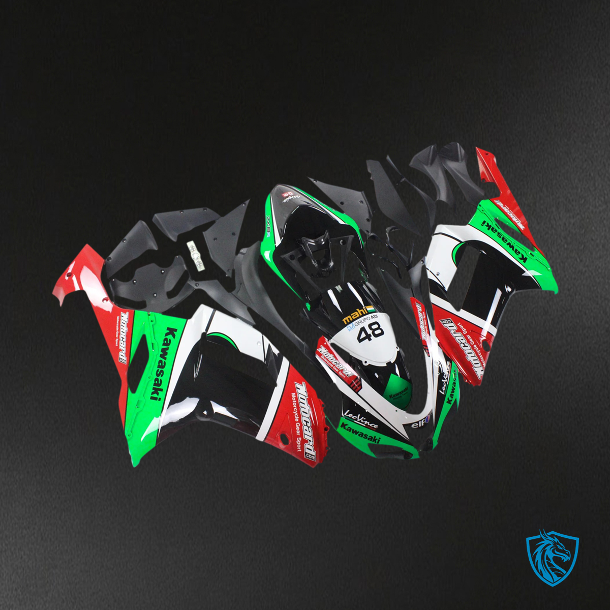 Kawasaki ZX6R (2007-2008) Green, Red & White - Fairing Kit