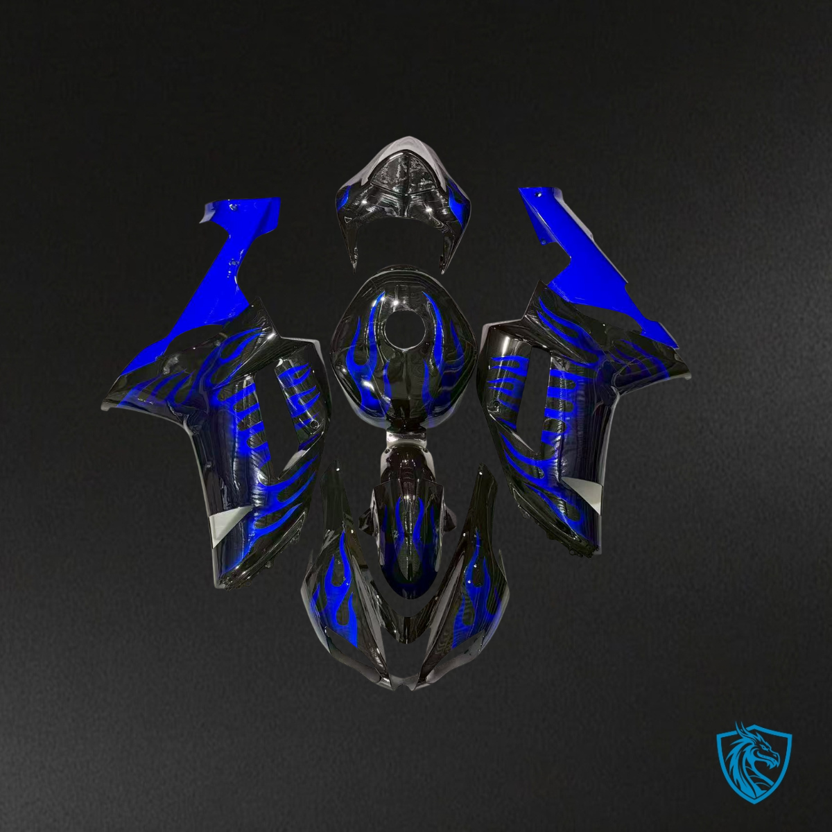 Kawasaki ZX6R (2007-2008) Gloss Black & Blue with Flames - Custom ABS Fairing Kit