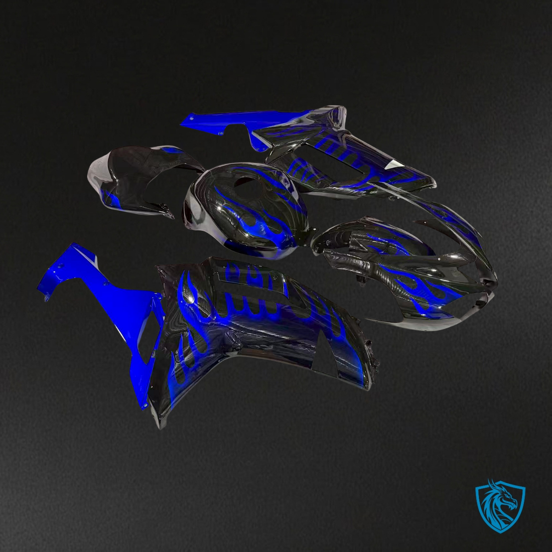 Kawasaki ZX6R (2007-2008) Gloss Black & Blue with Flames - Custom ABS Fairing Kit