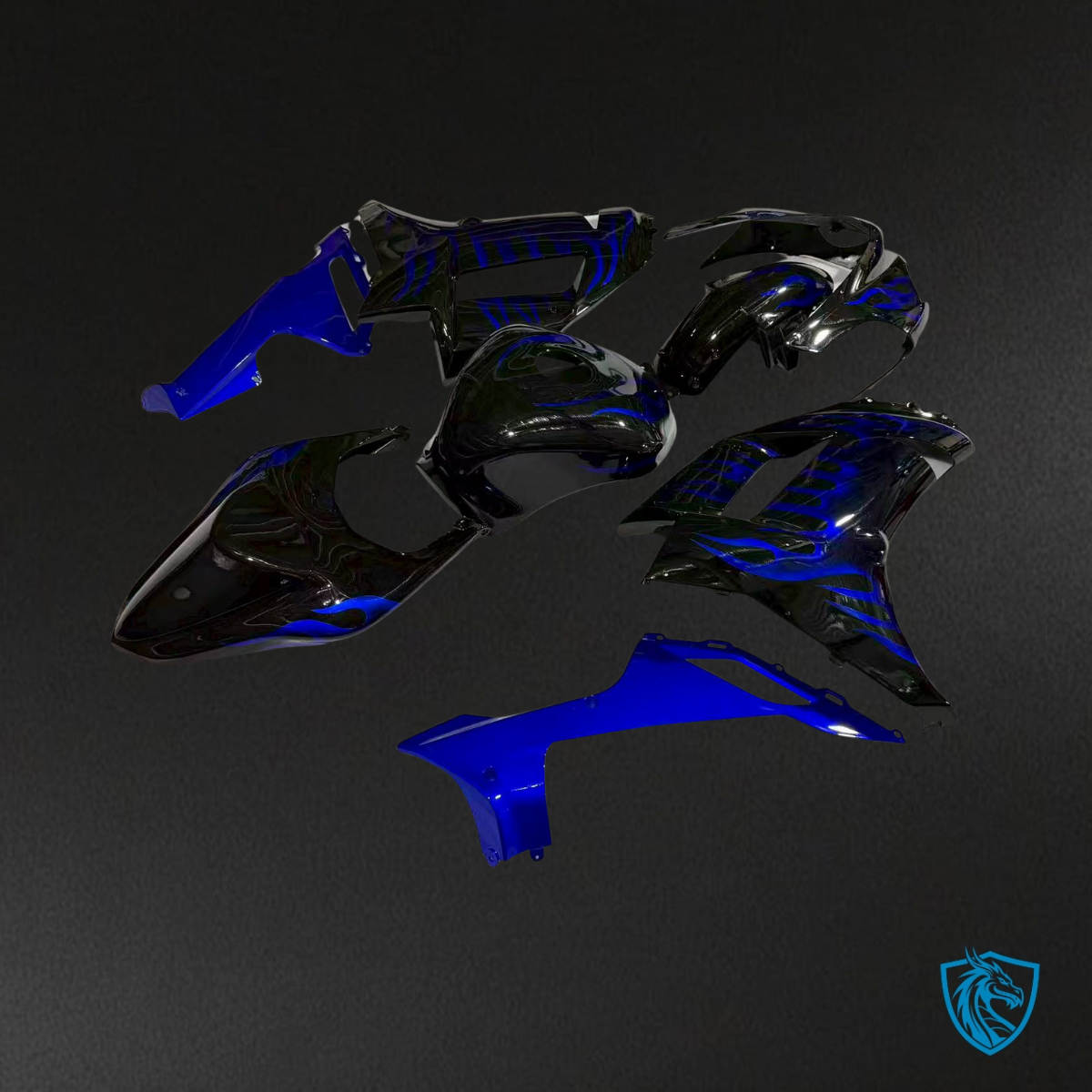 Kawasaki ZX6R (2007-2008) Gloss Black & Blue with Flames - Custom ABS Fairing Kit