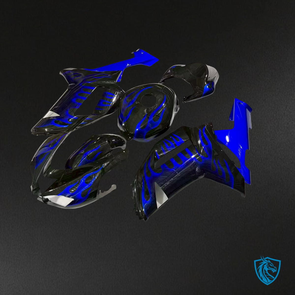 Kawasaki ZX6R (2007-2008) Gloss Black & Blue with Flames - Custom ABS Fairing Kit