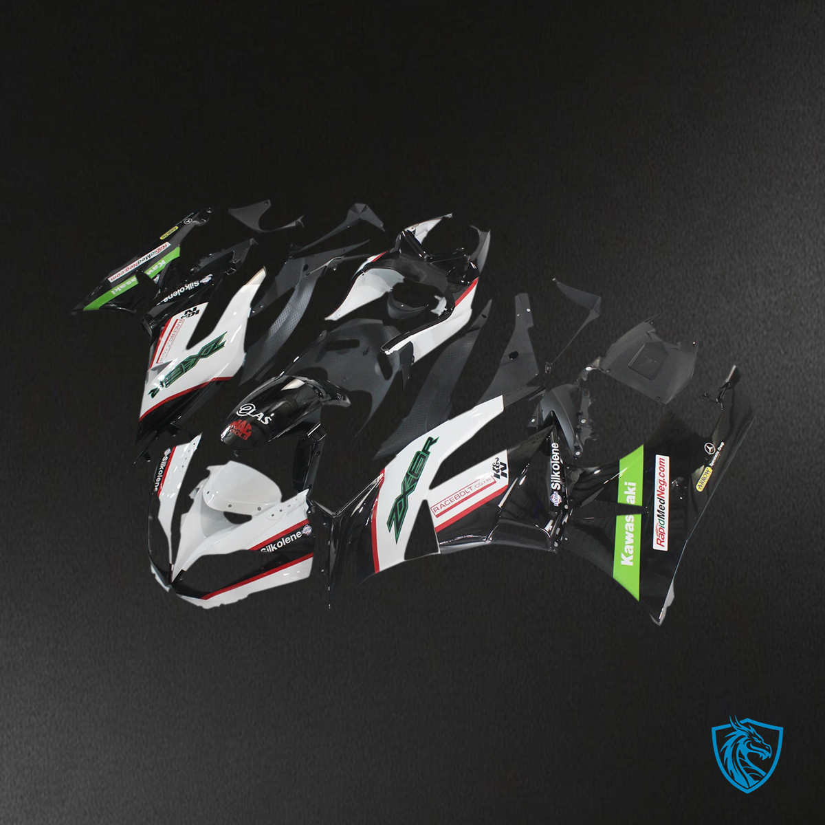 Kawasaki ZX6R (2009-2012) White, Green & Black - Fairing Kit