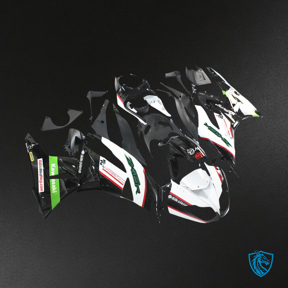 Kawasaki ZX6R (2009-2012) White, Green & Black - Fairing Kit