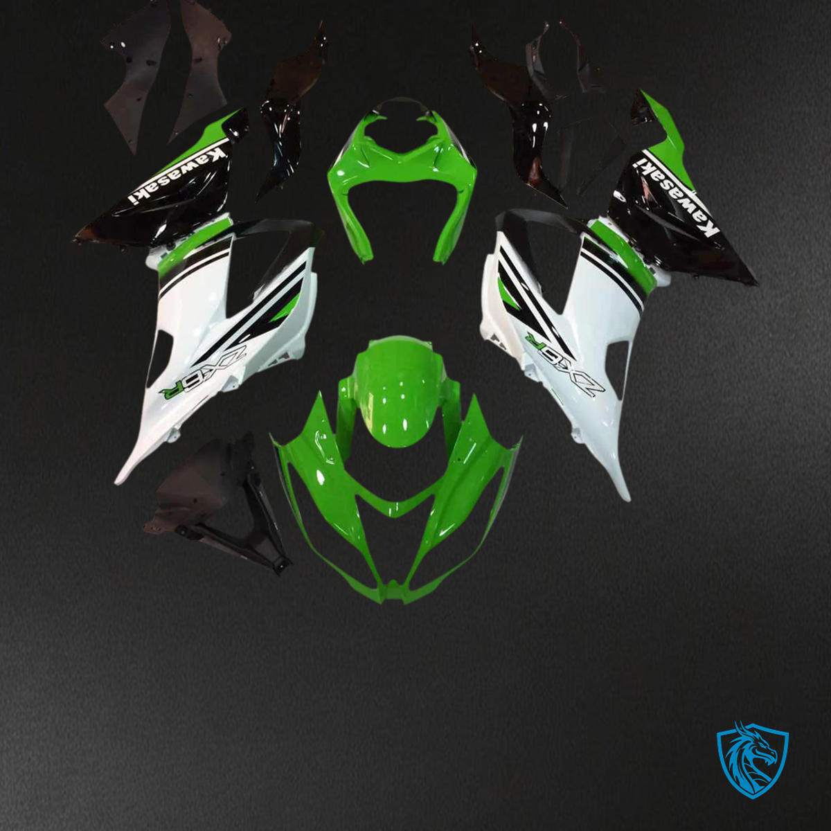 Kawasaki ZX6R (2013-2018) White, Green & Black - Fairing Kit