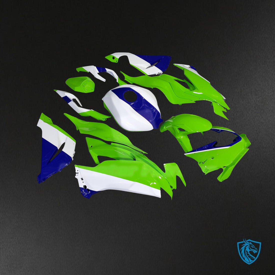 Kawasaki ZX6R (2019-2023) Bright Lime Green, Blue & White - Custom ABS Fairing Kit