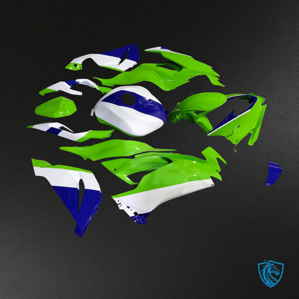 Kawasaki ZX6R (2019-2023) Bright Lime Green, Blue & White - Custom ABS Fairing Kit