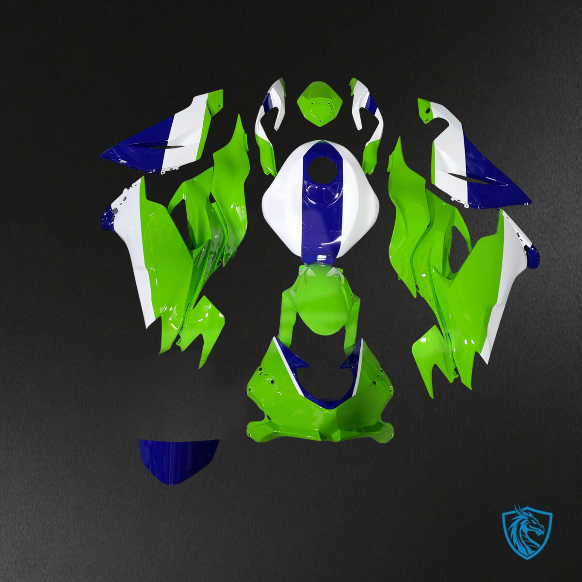 Kawasaki ZX6R (2019-2023) Bright Lime Green, Blue & White - Custom ABS Fairing Kit