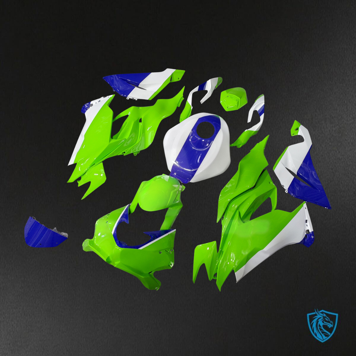 Kawasaki ZX6R (2019-2023) Bright Lime Green, Blue & White - Custom ABS Fairing Kit