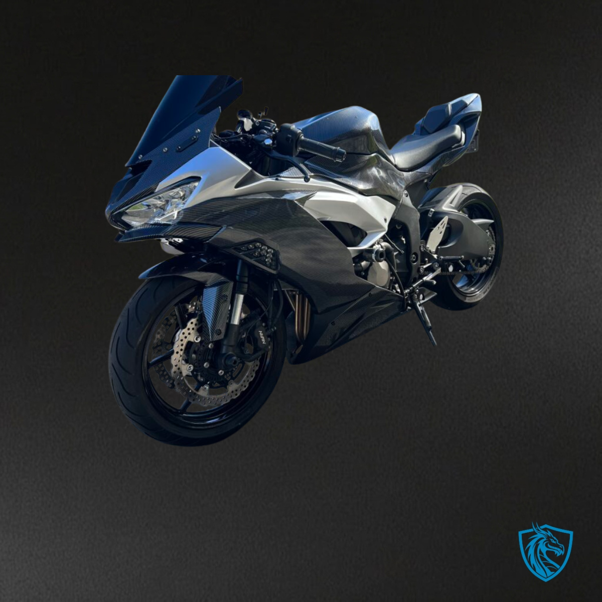 Kawasaki ZX6R (2019-2023) Carbon Fiber Style Silver & Black Fairing Kit | ABS Bodywork